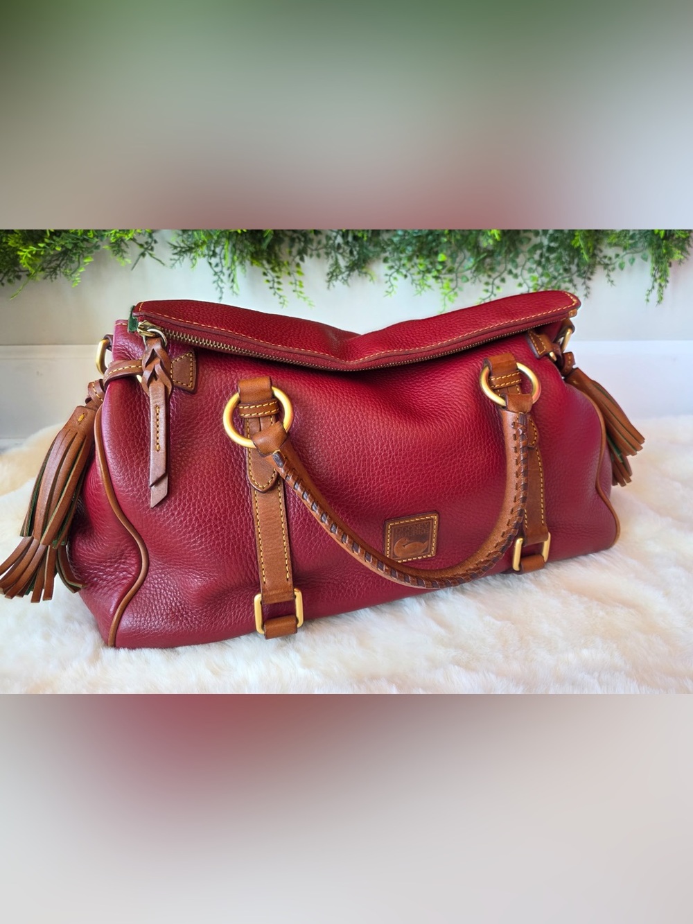 RARE Dooney & Bourke LARGE Tassel Satchel Cranberry Bordeaux Strap + Dust Bag